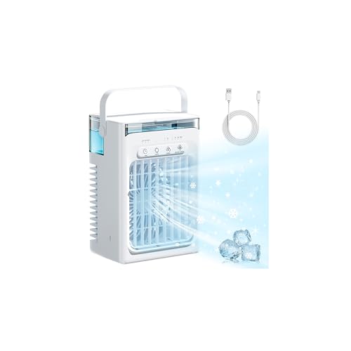 Mini Climatiseur Portable, Climatiseur Mobile 1000ml, 4 en 1 Refroidisseur d'air, Mini Clim Portative Ventilateur Brumisateur avec 3 Vitesses, Minuteur, Petite...