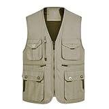 Men's All Seasons Cotton Multi-Pocket Vest Casual Sleevel Zip ets Beige gray XL
