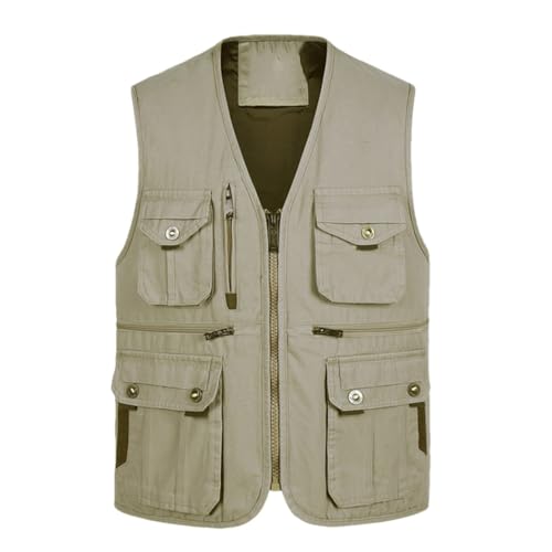 Men's All Seasons Cotton Multi-Pocket Vest Casual Sleevel Zip ets Beige gray XL