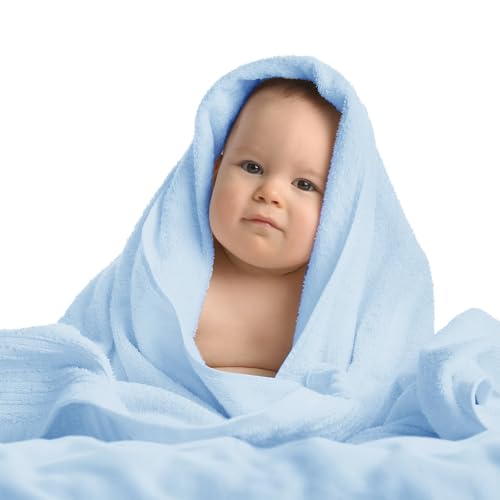 Image of CroBlissful 8 Pcs Muslin Baby Hooded Cotton Towels and Washcloths Sets Cotton Newborn Bath Towel Infant Baby Blankets Absorbent Unisex Newborn Registry Gift for Girls Boys(Blue Series)