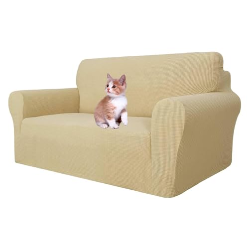 MAXIJIN Super Stretch Couch Cover for 2 Seater Couch, 1-Piece Universal Love Seat Covers Jacquard Spandex Sofa Protector Dogs Pet Friendly Fitted Loveseat Slipcover (2 Seater, Beige)