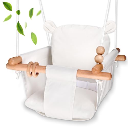Image of Baby Swing Outdoor - Secure Canvas and Wooden Indoor Baby Swing Seat - Toddler Swing Infant Swing Outdoor with Safety Belt, Hanging Swing Chair for Baby Boys Girls (White)