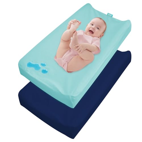 Image of Changing Pad Cover Waterproof, 2 Pack Diaper Change Table Sheets for Baby Boys Girls, Fitted Cradle Sheets for 32"x16" Contoured Pad, Breathable & Ultra Soft, Aqua and Navy