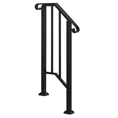 Outdoor Stair Railing - 1 or 2 Steps Wrought Iron Handrail - Staircase Handrails for Concrete Steps or Wooden Stairs - Curly Design for Non-Slip Grip -Large Bearing Base -Installation Kit -Matte Black