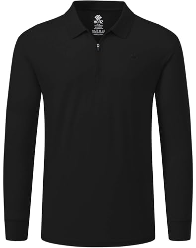 MoFiz Polo Hommes Longues Chemise en Coton Couleur Unie Polo Golf Chemises d'hiver avec Fermeture éclair Noir XL