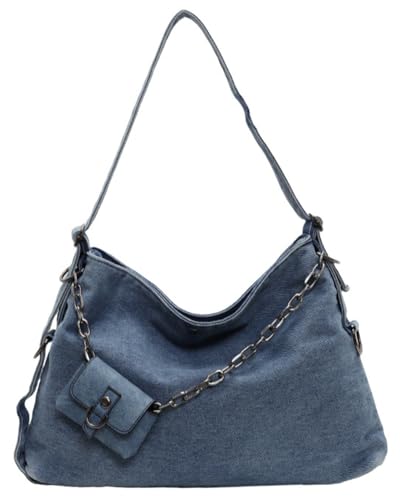 Slouchy Denim Shoulder Bag for Women Large Commuting Canvas Crossbody Tote Purse Trendy Chain Handbags