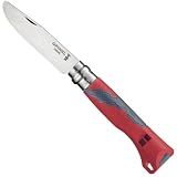 Opinel - N°07 Cuchillo Outdoor Junior Multifuncional - Hoja de Punta Redonda de 8 cm en Acero Inoxidable, Mango de Polímero y Fibra de Vidrio - Silbato de 110 dB, Alcance de 300 m - Rojo
