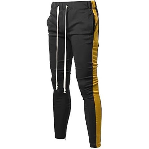 Style by William Casual Side Panel Long Length Drawstring Ankle Zipper Track Pants Black Yellow 3XL Cover