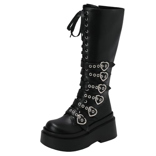 Image of Parisuit Women's Knee High Goth Platform Boots Lace Up Combat Boots | Chunky High Heel, Buckle Boots, Punk Chain Boots