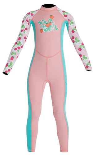 SEAUR Kids Girls Wetsuit Full Body Swimsuit UV Protection Long Sleeve One Piece Swimsuits Diving Surfing Rash Guard Pink M