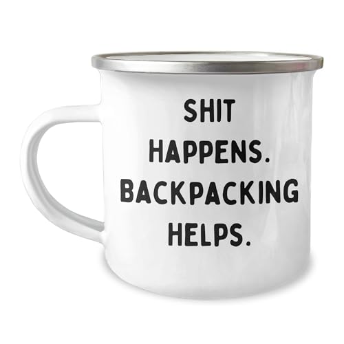 Backpacking Humor Gift for Friends or Family - Shit Happens. Backpacking Helps. Camping Mug, 12 oz Stainless Steel with Enamel Finish
