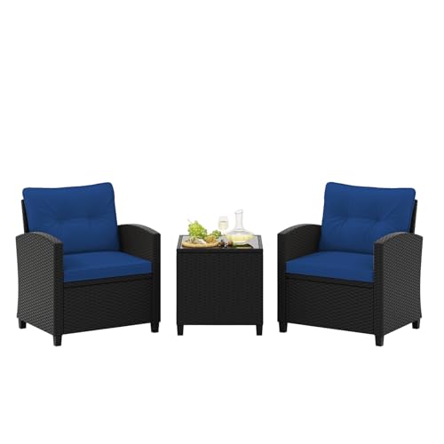 Image of Tangkula 3 Piece Patio Furniture Set, Rattan Conversation Set w /Soft Seat & Back Cushions, Tempered Glass Topped Coffee Table, Cushioned Wicker Seating Set for Backyard, Porch, Poolside