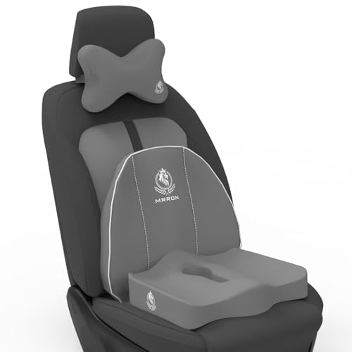 Image of MRRON Memory Foam Car Seat Cushion Combo - Backrest, Coccyx Cushion & Neckrest - Orthopedic Support for Back, Sciatica & Neck Pain - Ergonomic Comfort for Car, Office. (Grey, Spine Support)