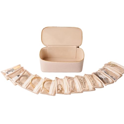 Jewelry Box with Velvet Jewelry Bags Jewelry Organizer Box Necklace Rings Earrings Bags Travel Jewelry Organizer Accessories Organizer Leather for Girls Ladies Birthday Gift (Ivory White 12 PCS)