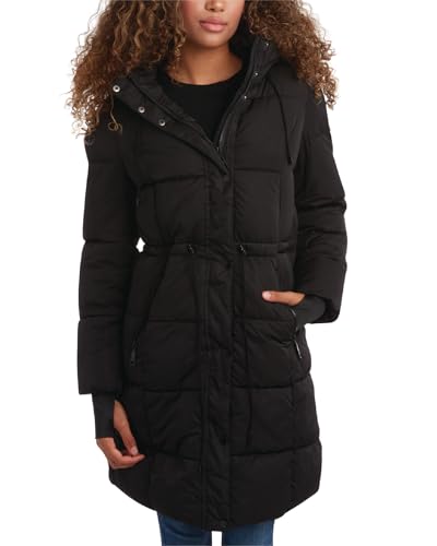 Image of Steve Madden Womens Long Puffer Coat - Insulated Hooded Quilted Parka Puffer Jacket - Warm Winter Jacket for Women, Size Small, Black