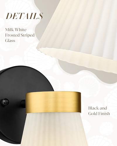 Image of Set of 2 Wall Sconces for Bathroom, HWH 1-Light Bathroom Vanity Light with Frosted Milk White Striped Glass, Indoor Wall Mount Lighting Fixtures, Black and Gold Finish, 5HZG97B-2PK BK+BG