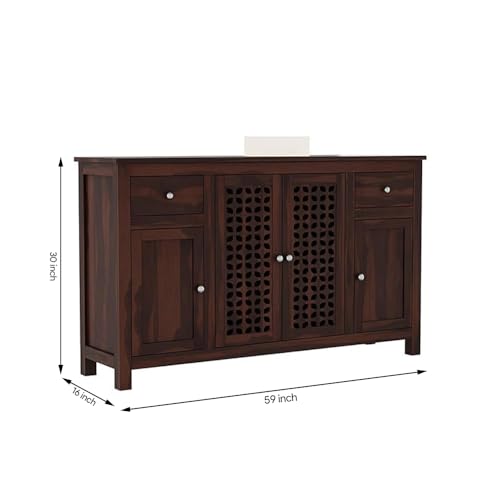 Image of Amazon Brand - Solimo Solid Sheesham Wood Minza Sideboard Cabinet with 2 Drawers & 4 Doors | Multipurpose Wooden Storage Organizer Unit for Living Room, Bedroom, Kitchen & Crockery (Walnut Finish)