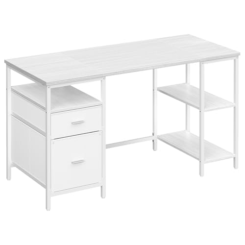 VASAGLE Escritorio, Mesa de Ordenador, Mesa de Oficina, con 3 Estantes, 2 Cajones, 140 x 60 x 76 cm, para Oficina, Salón, Estilo Moderno, Blanco Arce y Blanco Nube LWD104WF01