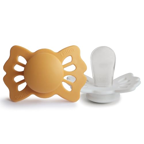 Image of FRIGG Lucky Symmetrical SilkySoft Silicone Baby Pacifier | Made in Denmark | BPA-Free (Honey Gold/Cream, 0-6 Months)