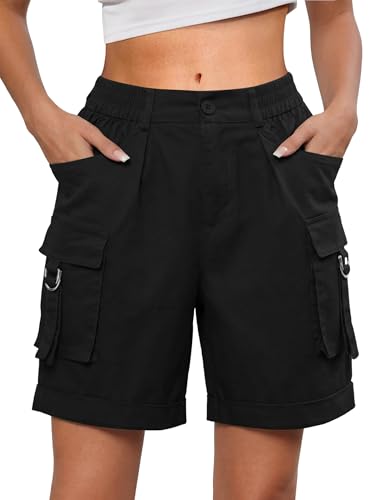 Gleeneat Bermuda Cargo Shorts for Women Baggy Long Knee Length Cotton Denim Shorts High Waist 7 Inch 6 Pockets 2026 Summer Casual Black