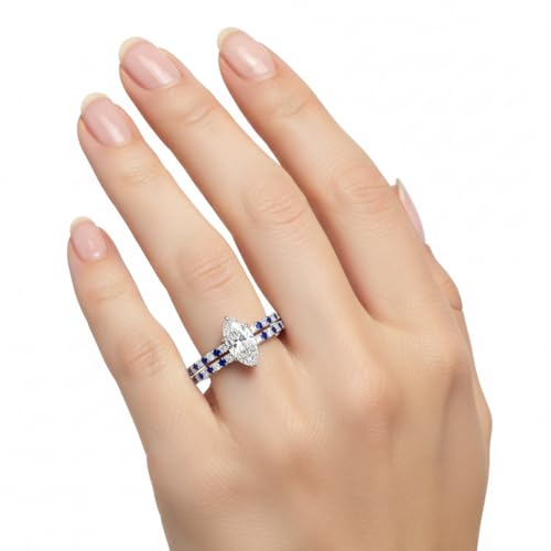 Image of Choose Your Gemstone Three Quarter Diamond CZ Gallery Bridal Ring Set 925 Sterling Silver Marquise Shape Wedding Ring Sets for WomenUS Size 4 to 12
