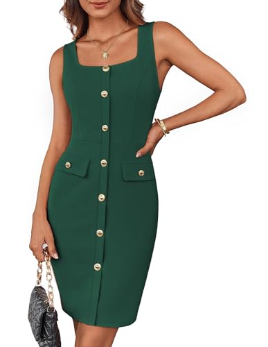 Image of GRACE KARIN 2025 Women's Buttons Belted Square Neck Business Work Dress Sleeveless Bodycon Midi Dress