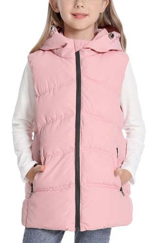 Happy Cherry Girls Mid-Length Hooded Puffer Vest Winter Warm Sleeveless Jacket with Easy Zipper & Side Pockets