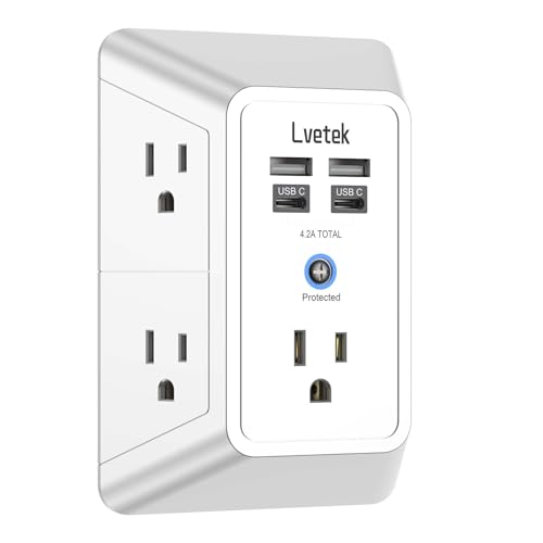 Outlet Extender, Surge Protector Outlet with 5-Multi Plug Outlet and 4 USB Ports(2 USB C), 3-Sided 1680J Power Strip Wall Charger, Multiple-Plug Outlet Splitter for Home Travel Office,ETL Listed,White