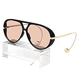 KesaPlan Vintage Oversized Aviator Sunglasses Women with Earring, 70s Retro Pilot Shield Big Frame Eyewear 2025 Luxury Trendy Sun Glasses（Black/Light Brown）