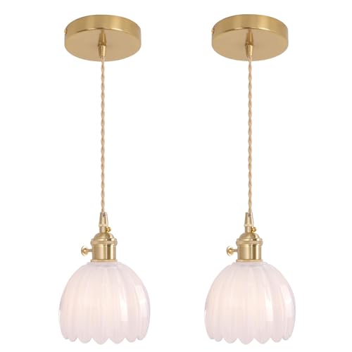 Image of Shenmoyl Pendant Light 2 Pack with White Tulip Glass Lmapshade, Brass Vintage Pendant Light Adjustable Hanging Light for Kitchen Island Dining Room Hallway