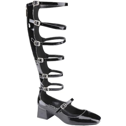 Women's Gladiator Knee High Strappy Block Heel Sandals Pumps Multi-Buckle Chunky Low Black Heel Galditor Pumps Shoes