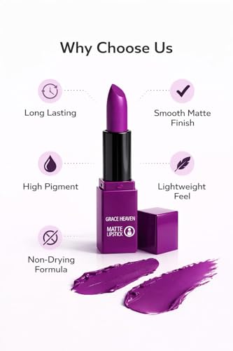 Image of Grace Heaven Matte Lipstick, Long Lasting, Smudge-Proof, Lightweight Formula, Bullet Lipstick (Purple)
