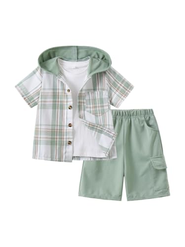 Image of Boys Clothes Shorts Sets Plaid Short Sleeve Hooded Button Shirt and Jogger Shorts for Kids Summer Outfits