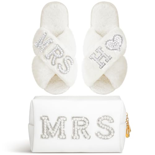 Image of Xtinmee Personalized Initial Wedding Bride Slipper Mrs Pearl Letter Makeup Bag Bachelorette Party Bridal Shower Wedding Gifts(H)
