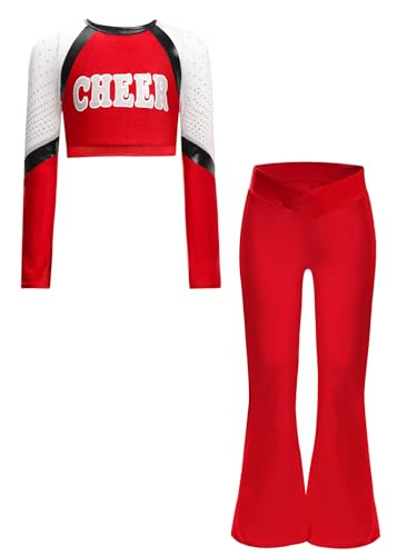 Kids Girls 2 Piece Gymnastic Dance Outfits Sparkly Long Sleeve Color Block Cheer Crop Top And Flared Pants Set Red 10 Years3