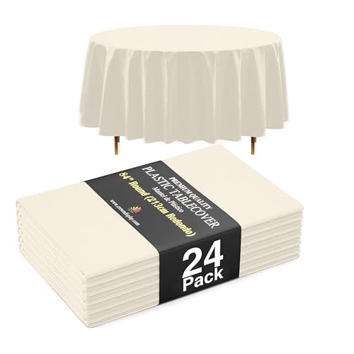 Image of Exquisite 66% Thicker Premium Ivory Round Tablecloth 0.5 Mil 24 Pack Plastic Table Cloth Disposable 84 Inch Round Plastic Tablecloth Won't Tear Easily Like Cheap Thin Brands