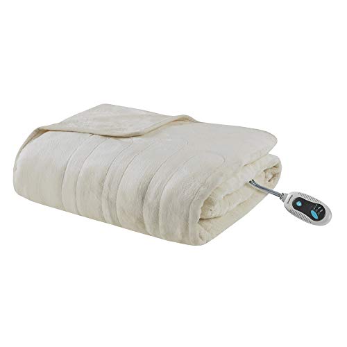 Beautyrest Foot Pocket Soft Microlight Plush Electric Blanket Heated Throw Wrap with Auto Shutoff, 50 x 62 in, Ivory