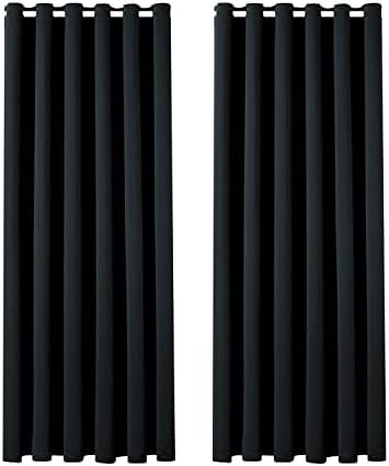 Aspire Homeware Blackout Curtains for Bedroom - Black Eyelet Living Room Curtains 66 x 54 inch Drop - Thermal Insulated Ring Top Window Treatments Black Out Kitchen Curtain + 2 Matching Tiebacks