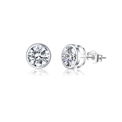 SLUYNZ Sterling Silver Bezel CZ Earrings Stud for Women Teen Girls Round Simulated Diamond Stud...