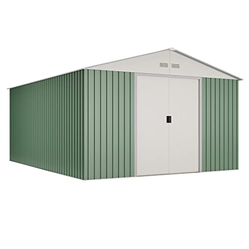 Hoggar - Caseta Metálica de Jardín 15,5 m2 Anjala – 4 Rejillas Anticondensación – Verde y Beige - Puerta Corredera Doble – Techo a Dos Aguas - Cobertizo de Metal - Almacenaje Exterior