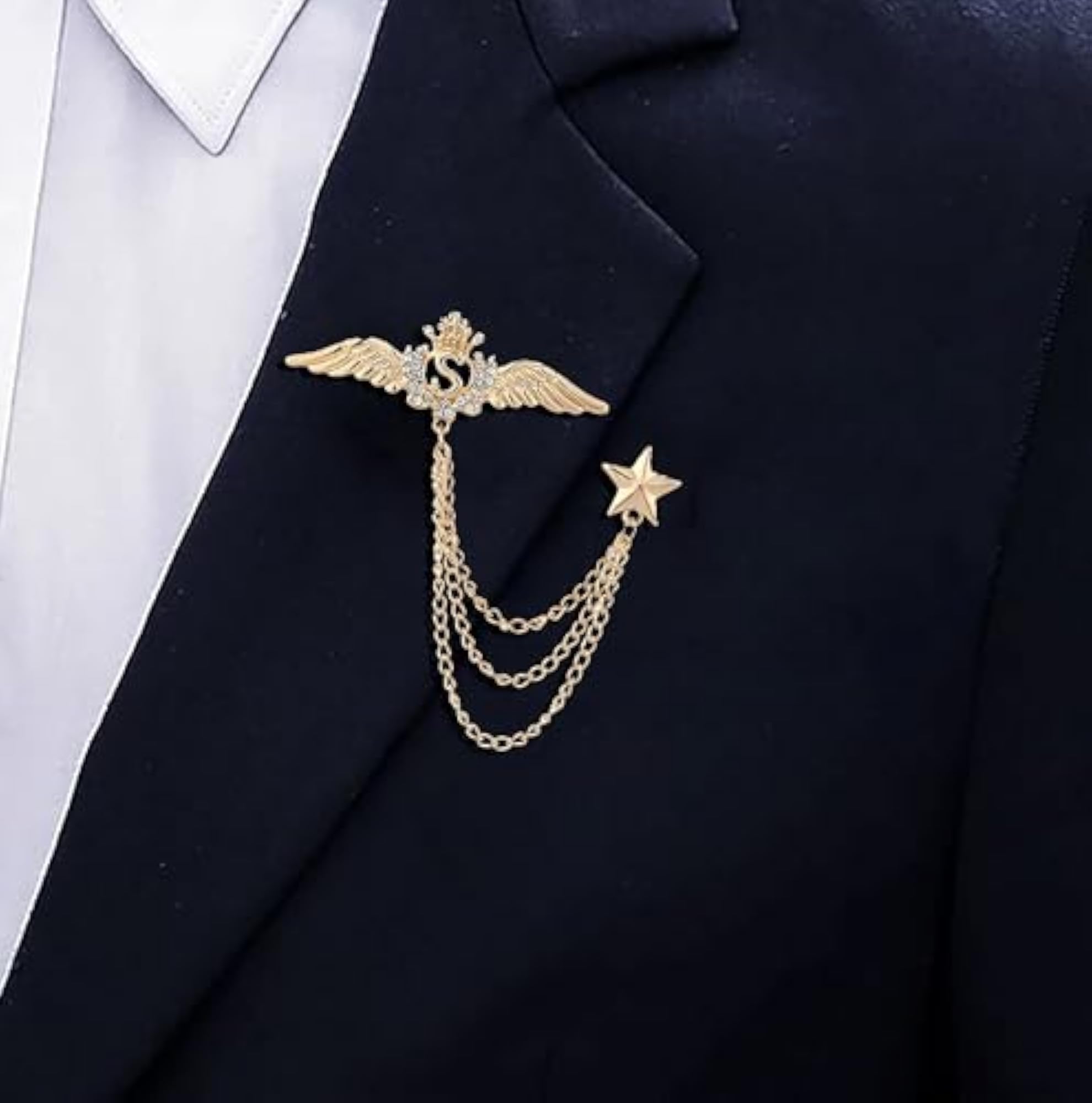Men's & Women's Suit Shirt Stud Lapel Pin with Crystal Chain