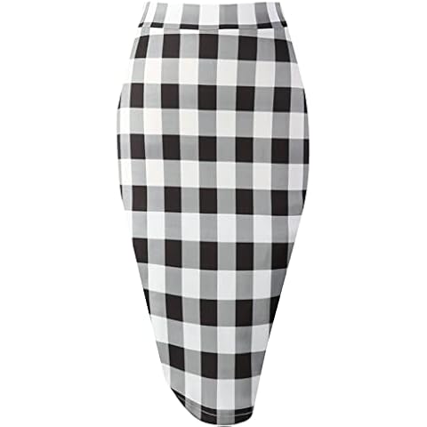Topdress Women's Bodycon Pencil Skirts Basic Elastic High Waisted Stretch Short Skirt Knee Lenght with Slit Midi Black White Plaid Medium Cover