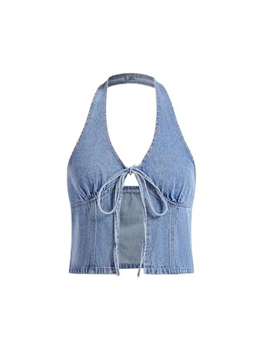 SOLY HUX Women's Y2k Denim Halter Top Summer Backless Tie Front Party Club Crop Tops