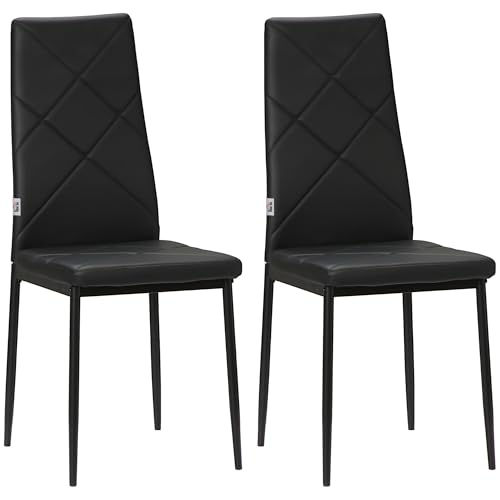 HOMCOM Set 2 Sedie Sala da Pranzo Imbottite con Schienale Alto, Sedie Cucina in Finta Pelle Cuciture a Diamante con Piedini Antiscivoli e Gambe in Acciaio per Soggiorno, 41x50x97 cm, Nero