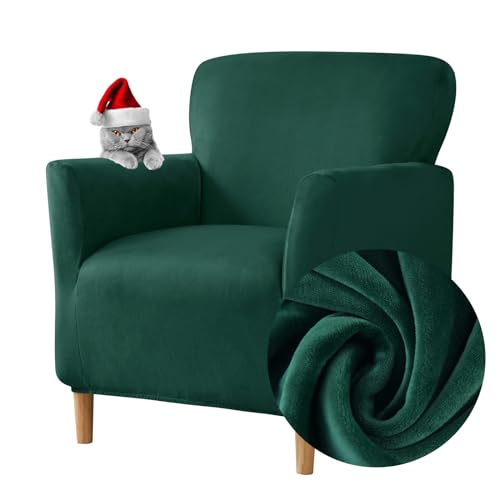 Highdi Stretch Sesselbezug Sesselhusse Elastische Samt Sofaüberzug Clubsessel Sessel Bezug, Weicher Sesselschoner mit Armlehne Sitzbezug Für Sessel Mit Armlehne Hussen(Dunkelgrün)