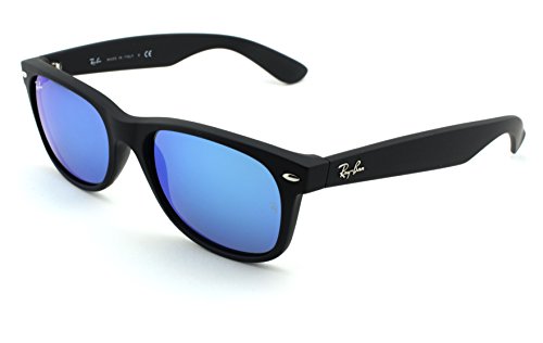 Ray-Ban womens Rb2132 New Wayfarer sunglasses, Rubber Black Frame/Grey Mirror Blue Lens 622/17, Medium US2