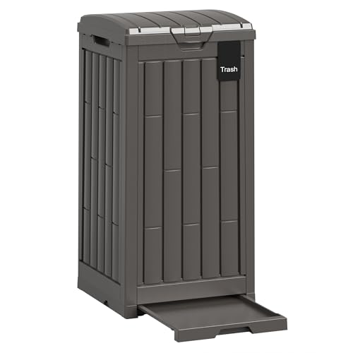 Outdoor Trash Can, 30 Gallon Garbage Can with Tiered Lid and Drip Tray, Waterproof Resin Waste Bin for Patio, Garden, Backyard, Deck, Brown