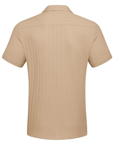 Coofandy Men'S Casual Button Down Shirts Short Sleeve Textured Linen Summer Beach Shirt With Pocket Khaki thumb #6
