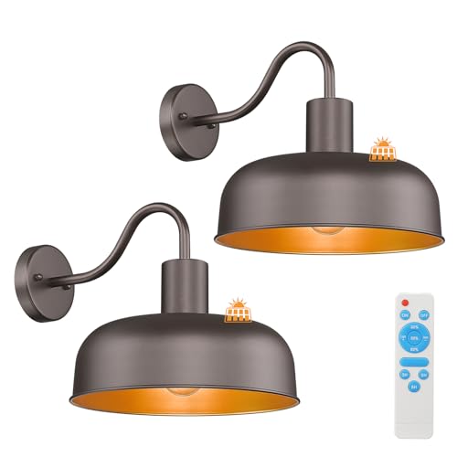 Image of Darkaway Solar Barn Light for Outdoor, Dusk to Dawn Outside Wall Lights Solar Powered, Industrial Gooseneck Bronze Exterior Wall Sconce for Shed House Porch Garage,2 Pack