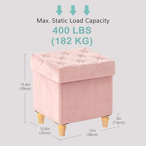 Image of CAROLMADE Folding Storage Ottoman Cube Velvet Footstool with Wood Legs Ottoman Footrest for Living Room and Bedroom Pink, 15 inchx12.6 inchx15.4 inch